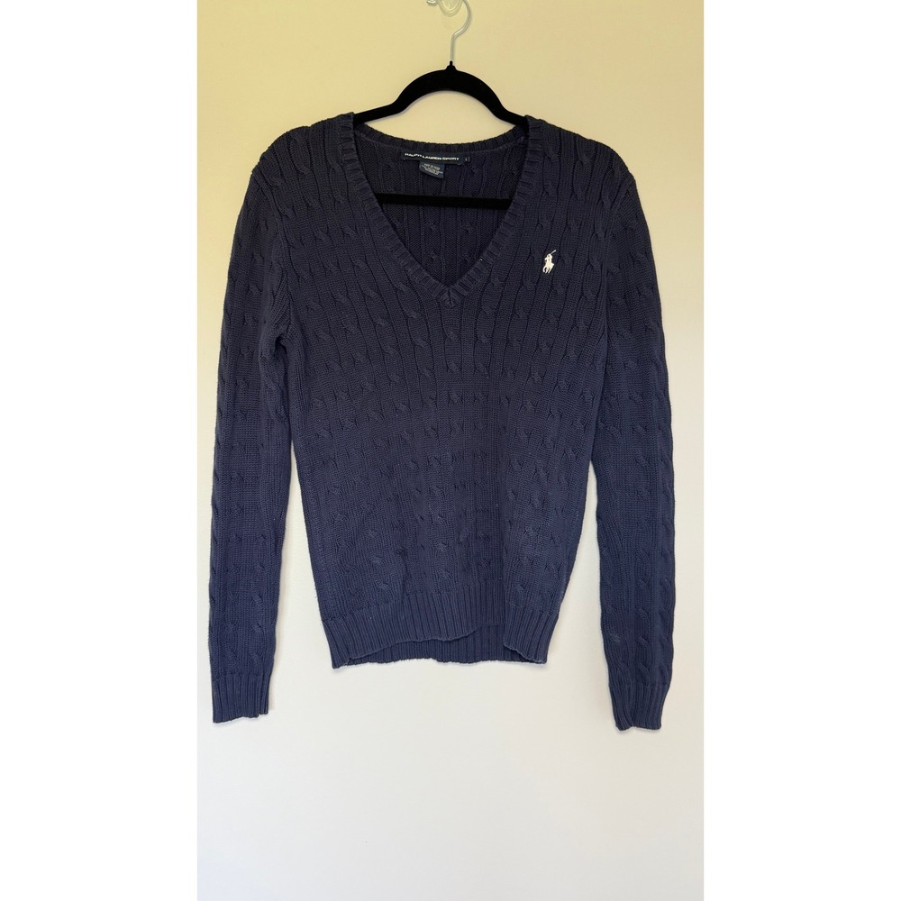 Vintage Ralph Lauren Sport Women's L Navy Blue Cable Knit V-Neck Cotton Sweater